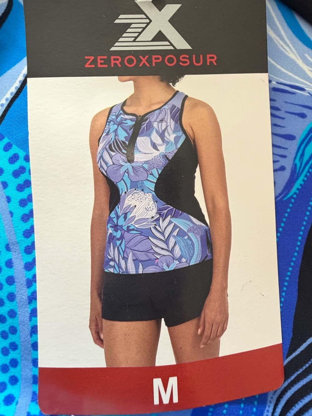 ZeroXposur Blue Cornflower Black & Multi Tankini with Shorts NWT - M